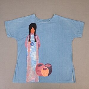 Vintage Alfredos Wife Shirt Womens 3XL Blue Denim Native American Embroidered‎